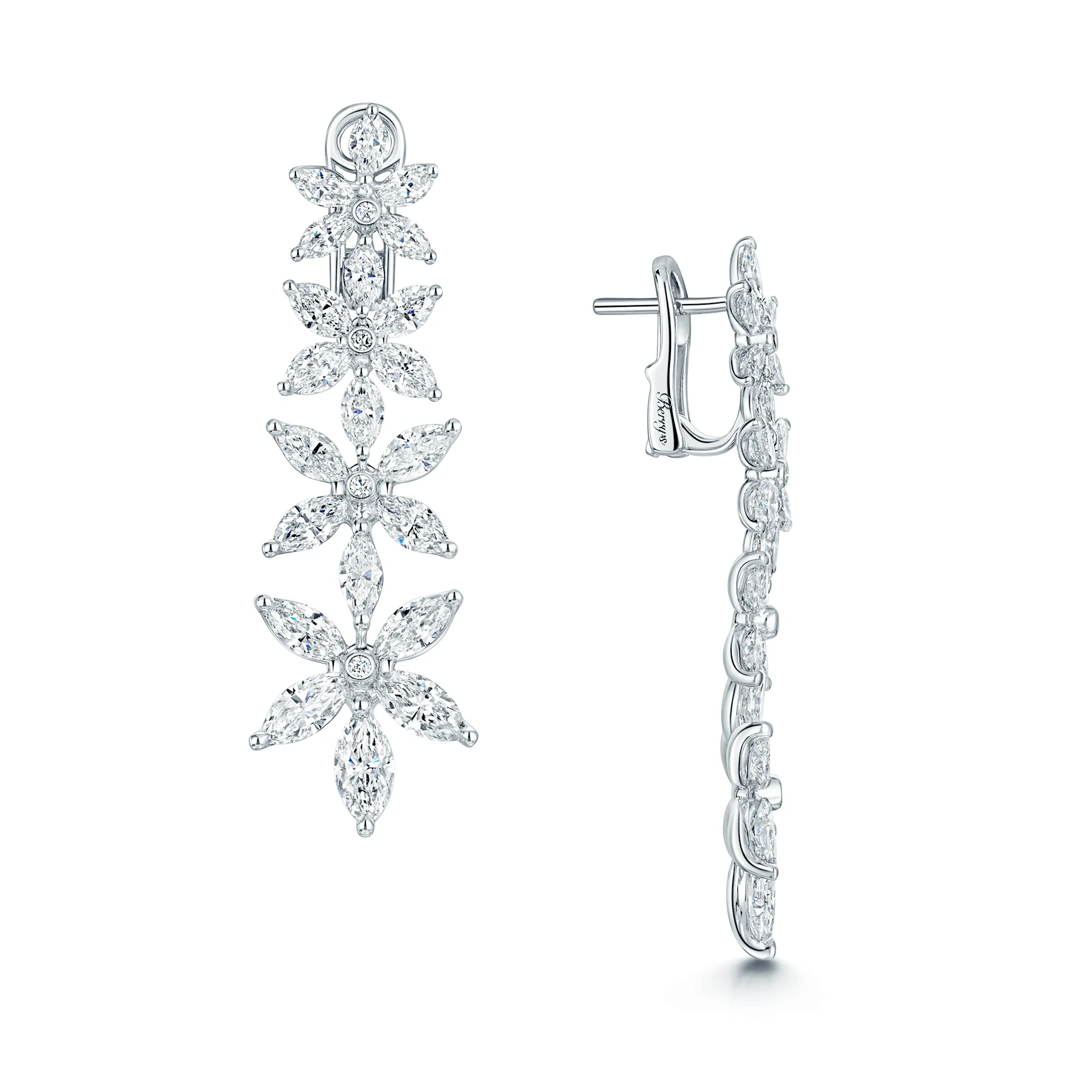 18ct White Gold Marquise Cut Diamond Graduating Flower Drop Earrings