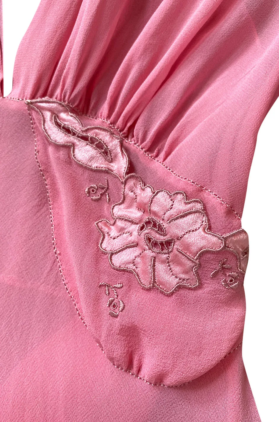 1930s Pink Silk Hand Applique Detailed Boudoir Negligee Lingerie Dress