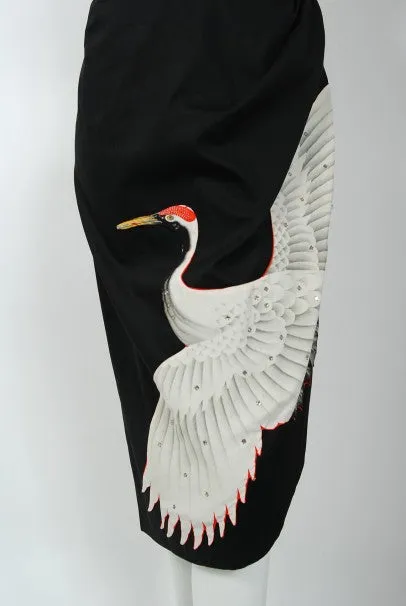 1950's Alix of Miami Crane Bird Novelty Applique Black Cotton One-Shoulder Dress