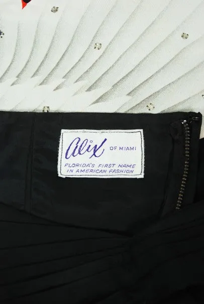 1950's Alix of Miami Crane Bird Novelty Applique Black Cotton One-Shoulder Dress