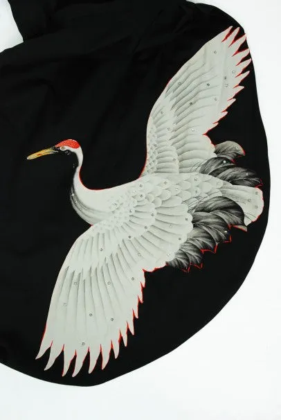 1950's Alix of Miami Crane Bird Novelty Applique Black Cotton One-Shoulder Dress