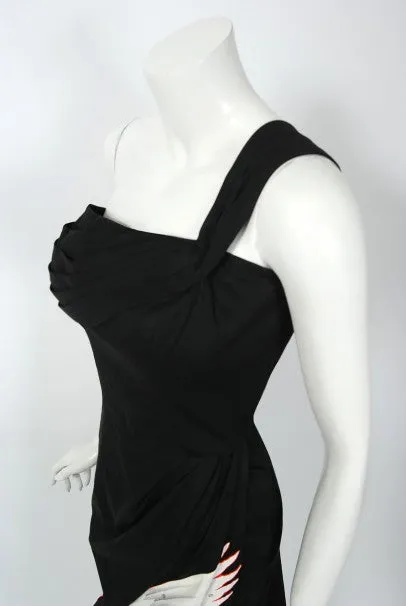 1950's Alix of Miami Crane Bird Novelty Applique Black Cotton One-Shoulder Dress