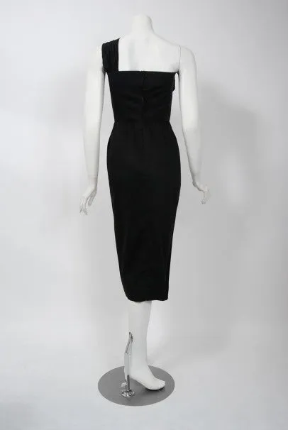1950's Alix of Miami Crane Bird Novelty Applique Black Cotton One-Shoulder Dress