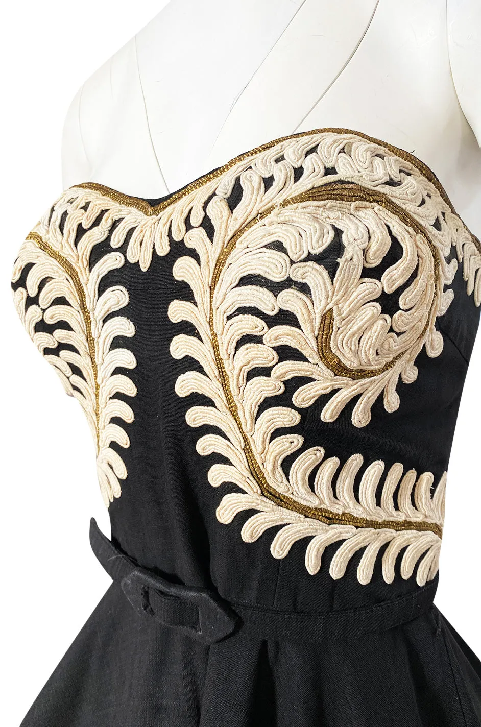 1950s Heavy Cotton / Canvas Strapless Dress  w Hand Applied Cord Applique