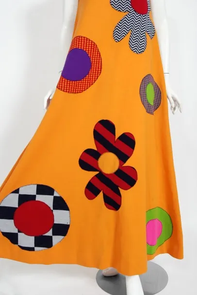 1965 Rudi Gernreich 'Flower Power' Applique Orange Wool Mod Maxi Dress