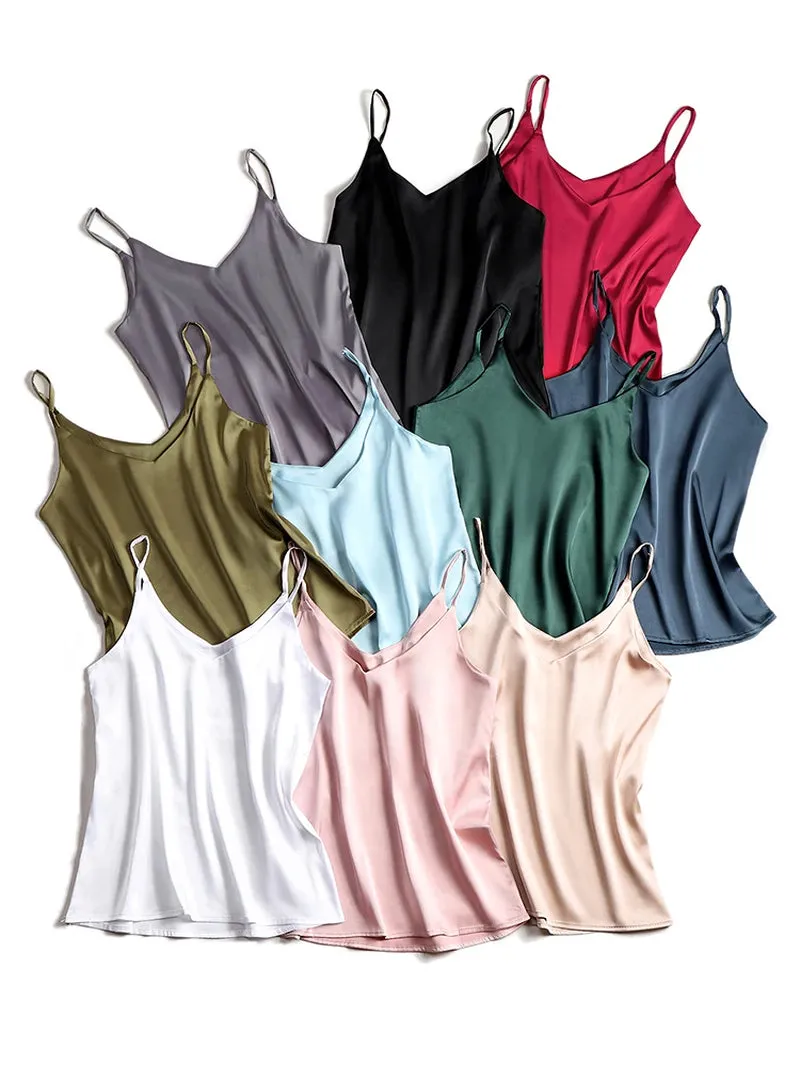 2024 Spaghetti Strap Top Women Halter V Neck Basic White Cami Sleeveless Satin Silk Tank Tops Women'S Summer Camisole