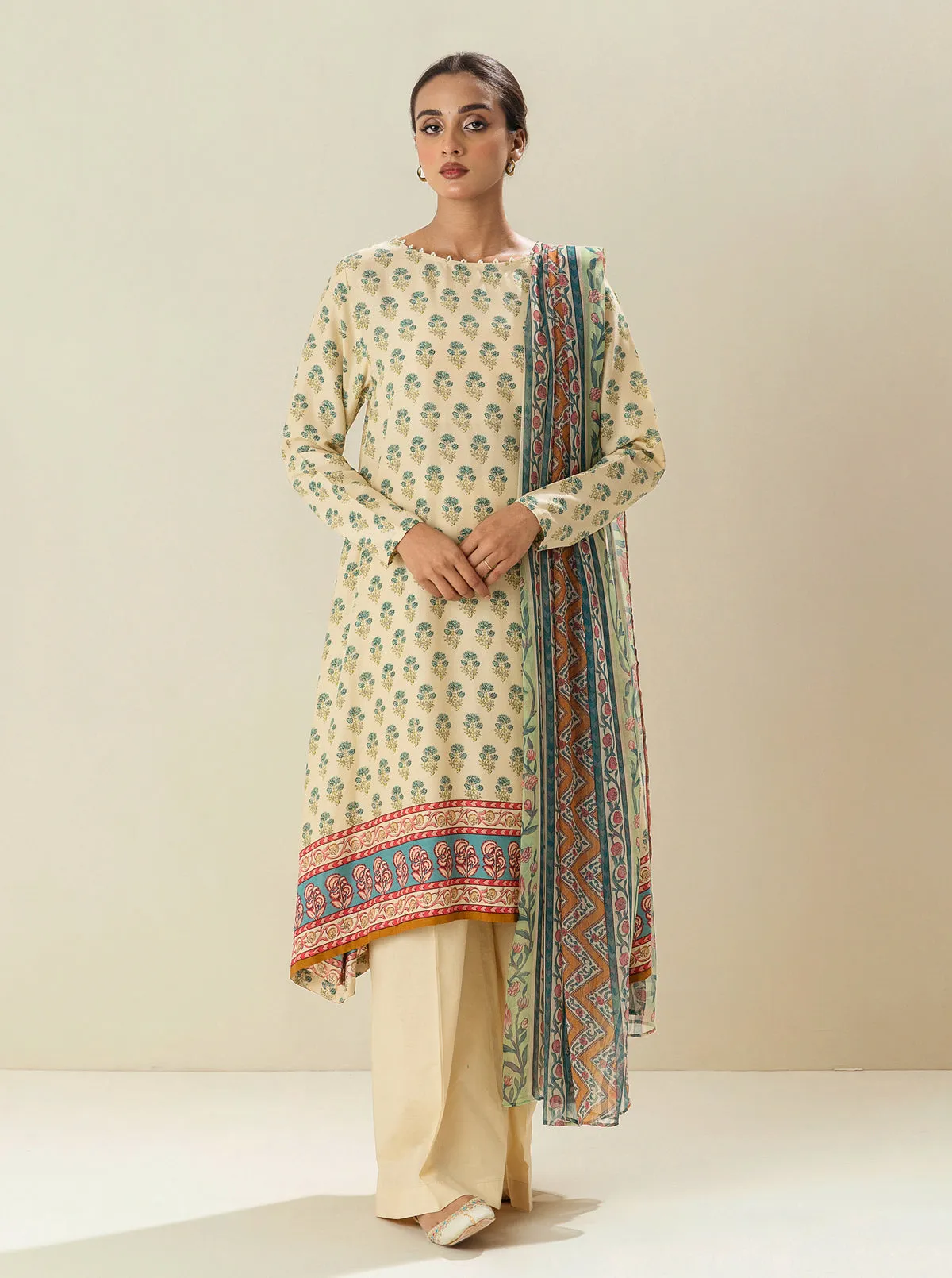 3 PIECE - PRINTED VISCOSE SUIT - LATTE FROTH