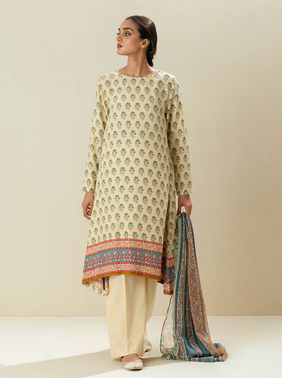 3 PIECE - PRINTED VISCOSE SUIT - LATTE FROTH