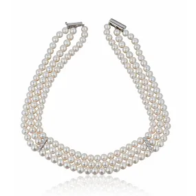 3 strand Pearl Necklace with White Gold and Diamond Spacer Bars.