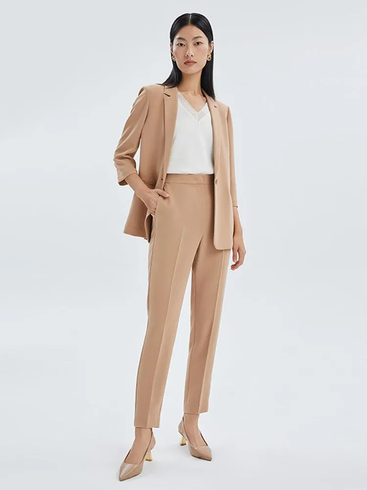 Camel One Button Acetate Fitted Blazer