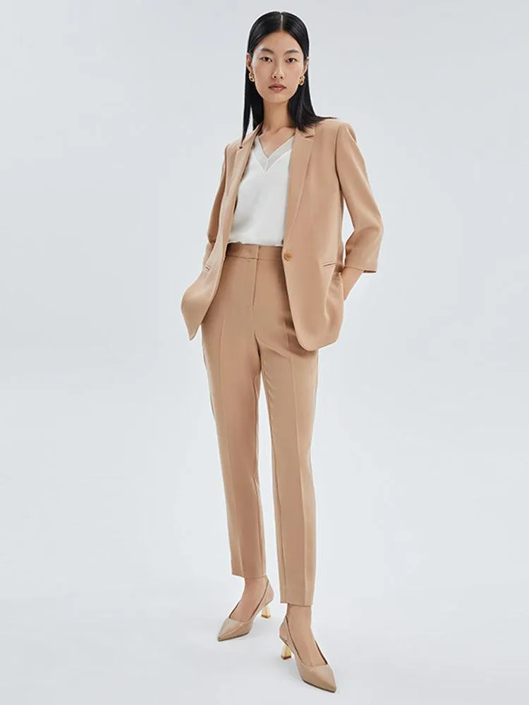 Camel One Button Acetate Fitted Blazer