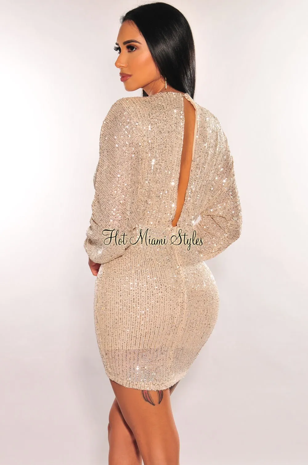 Champagne Sequins Plunge V Neck Long Sleeve Mini Dress