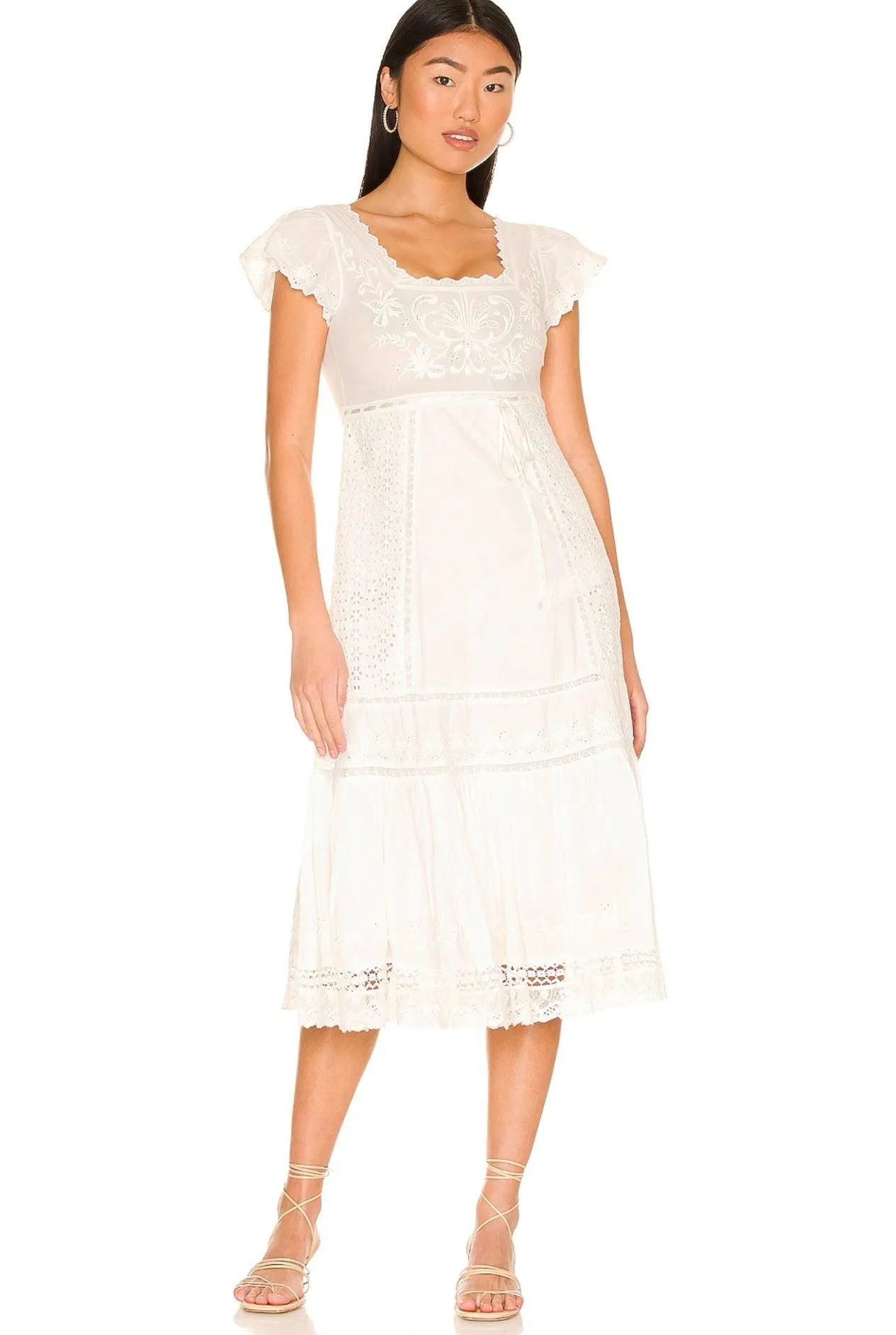Charles Midi Dress in Eyelet Cotton Antique White