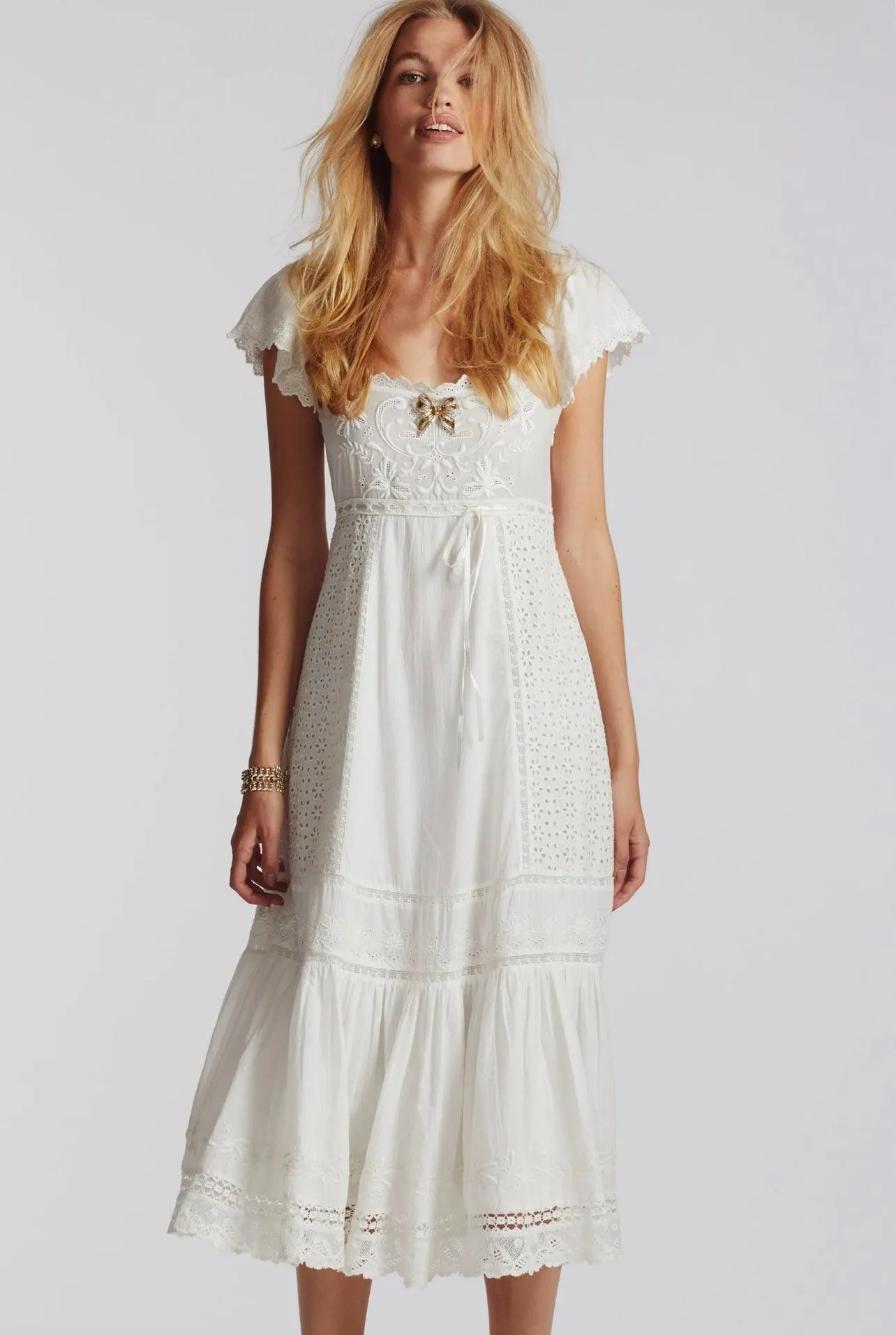 Charles Midi Dress in Eyelet Cotton Antique White