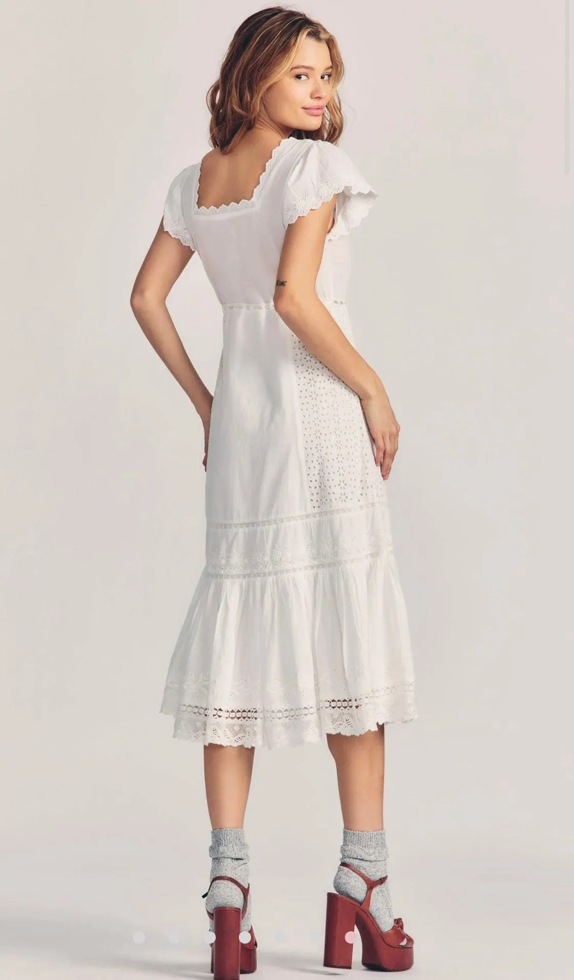 Charles Midi Dress in Eyelet Cotton Antique White