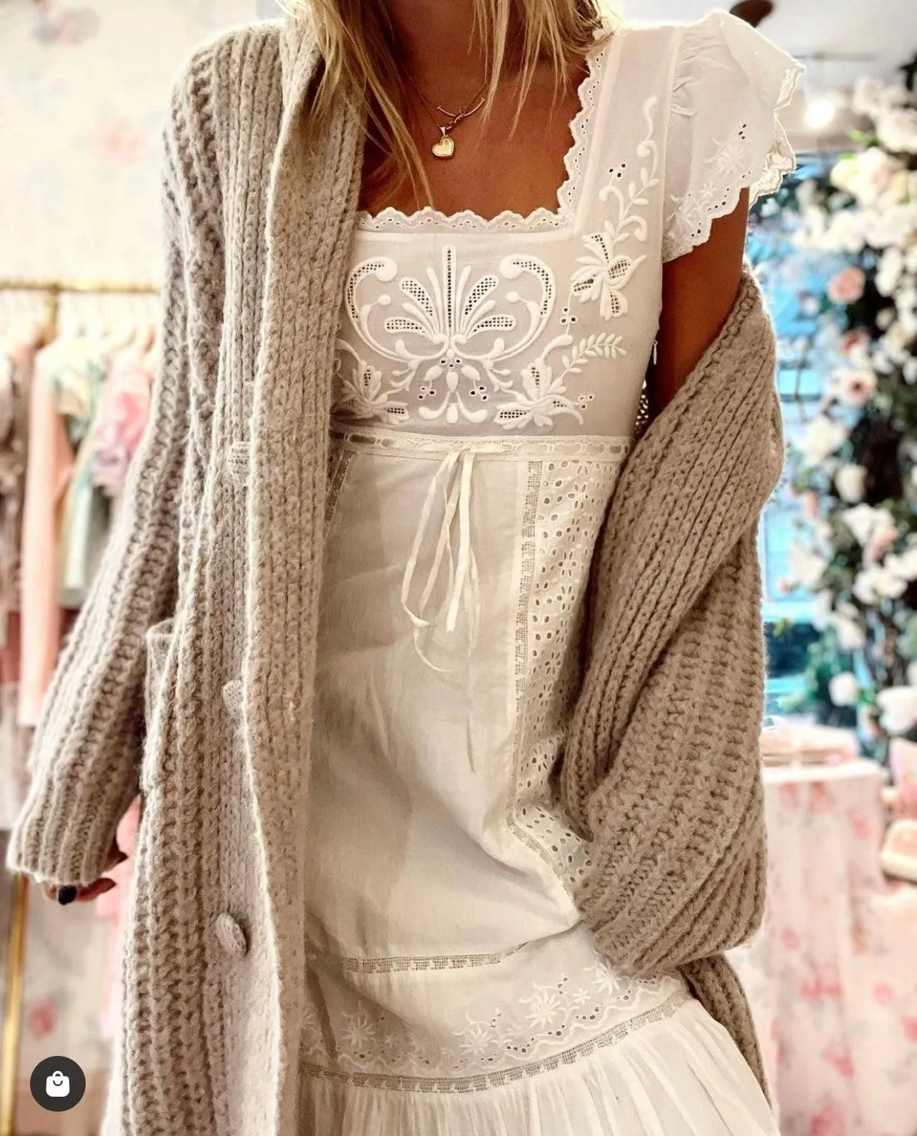Charles Midi Dress in Eyelet Cotton Antique White