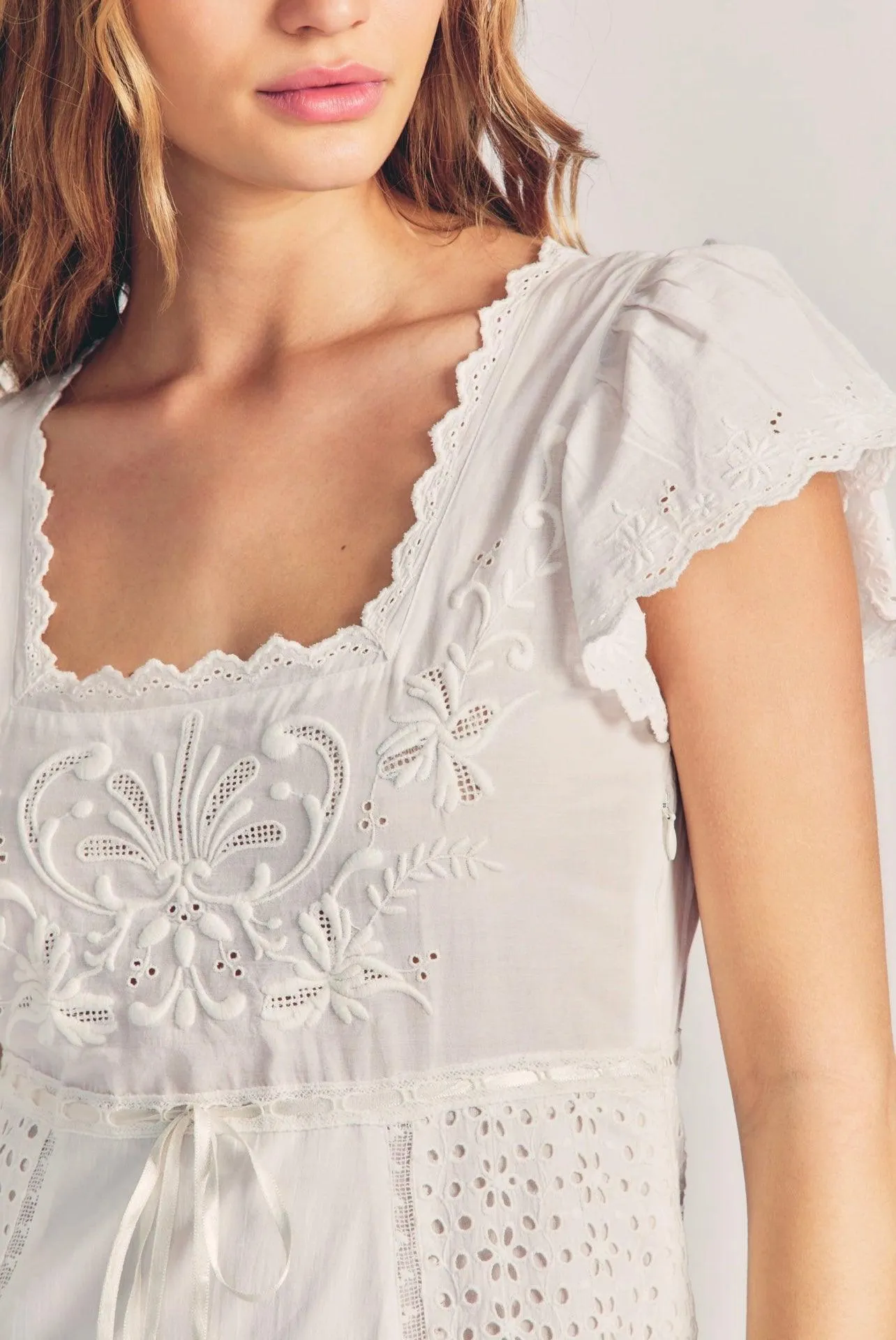 Charles Midi Dress in Eyelet Cotton Antique White
