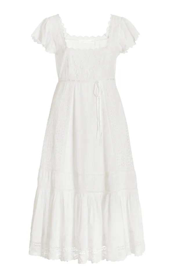 Charles Midi Dress in Eyelet Cotton Antique White