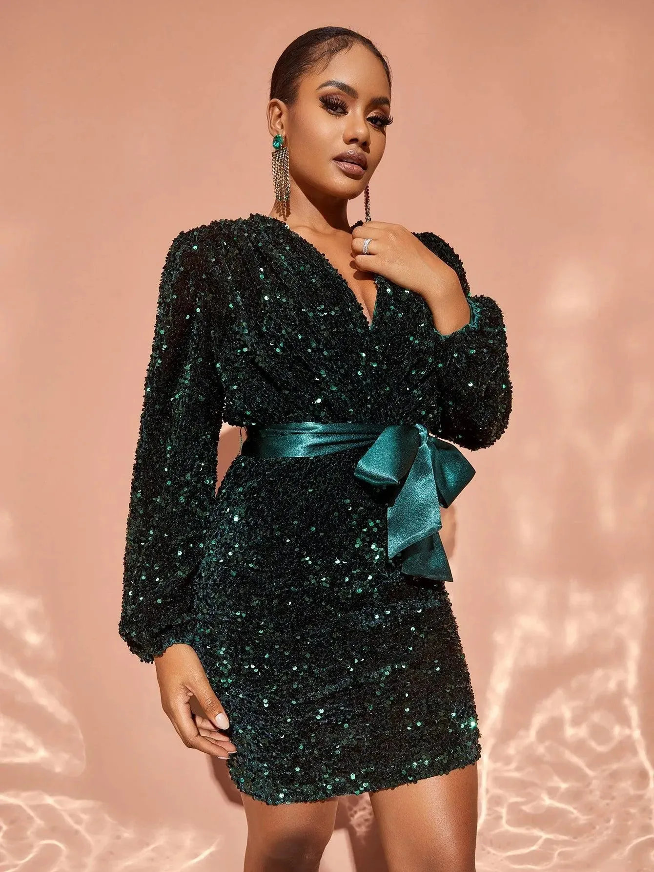 Chic Surplice Neck Sequin Cocktail Dress