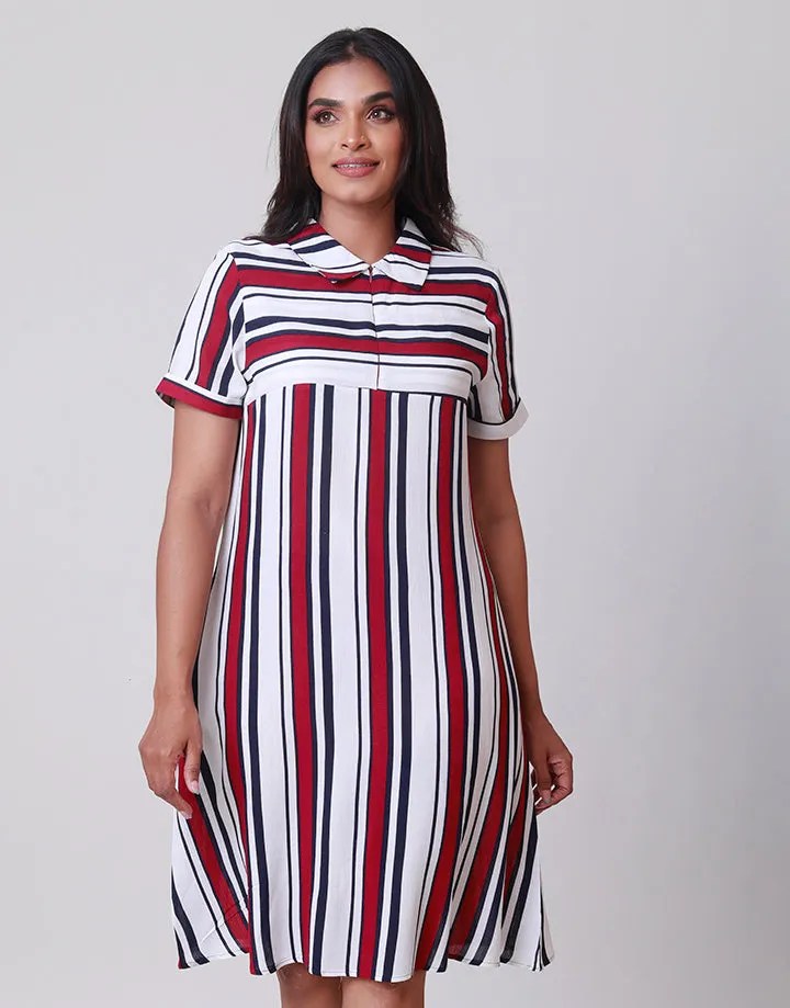 Collared Striped Dress with Half Zipper