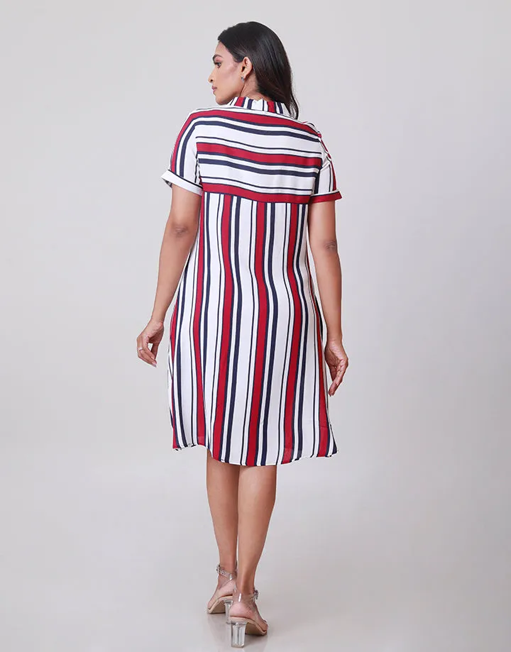 Collared Striped Dress with Half Zipper