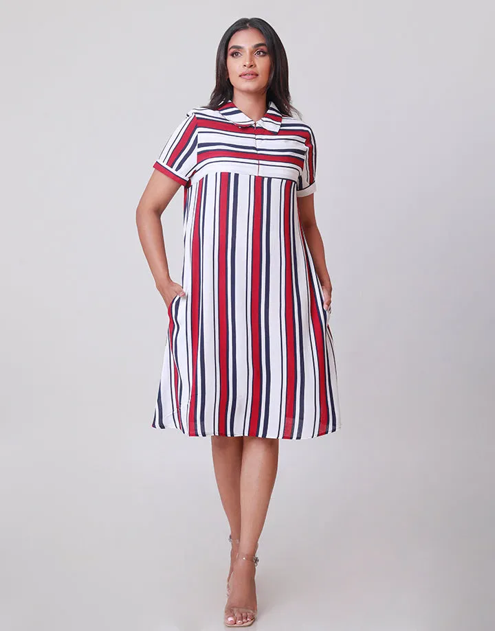 Collared Striped Dress with Half Zipper