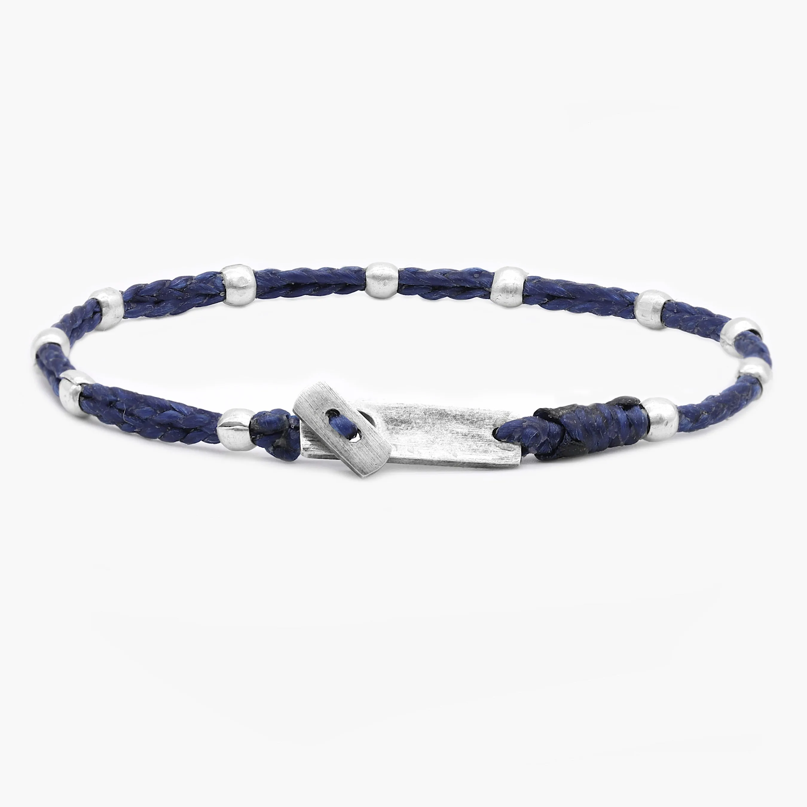 Double Braided Cord With Sterling Silver Crimped Beads Bracelet (Navy)