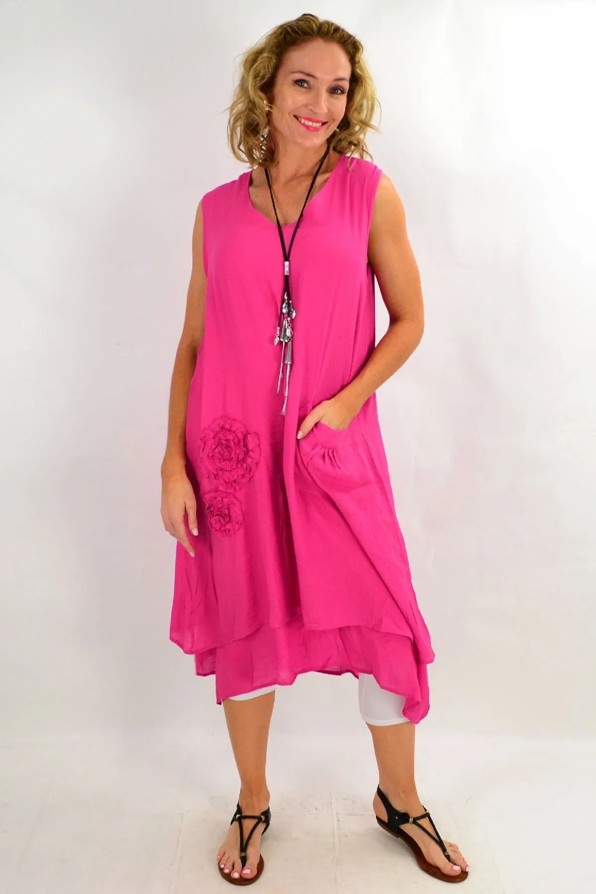 Fuchsia Applique Sleeveless Tunic Dress