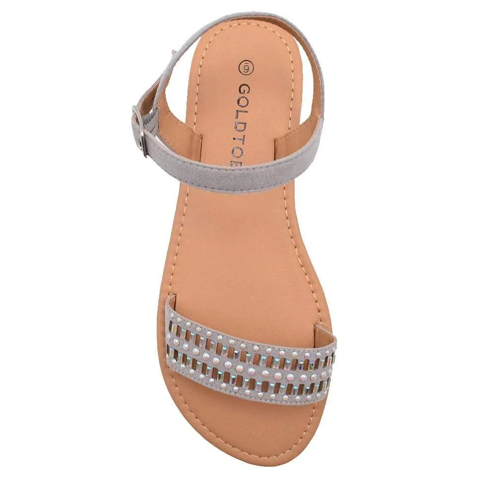 Gold Toe Ladies Fashion Sandals Microsuede Cutout Flats with Pearl and Stone