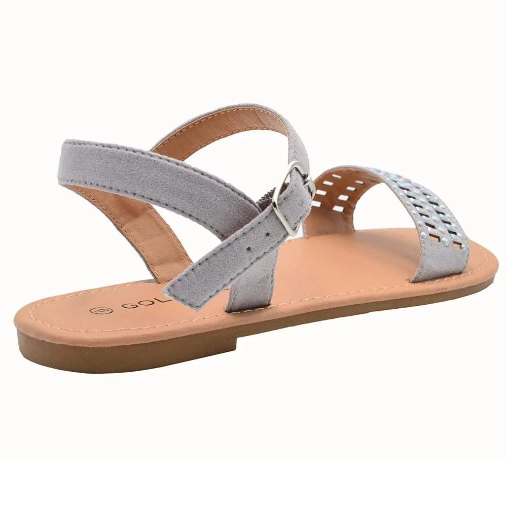 Gold Toe Ladies Fashion Sandals Microsuede Cutout Flats with Pearl and Stone