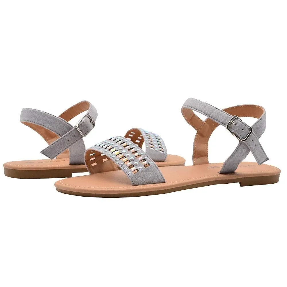 Gold Toe Ladies Fashion Sandals Microsuede Cutout Flats with Pearl and Stone