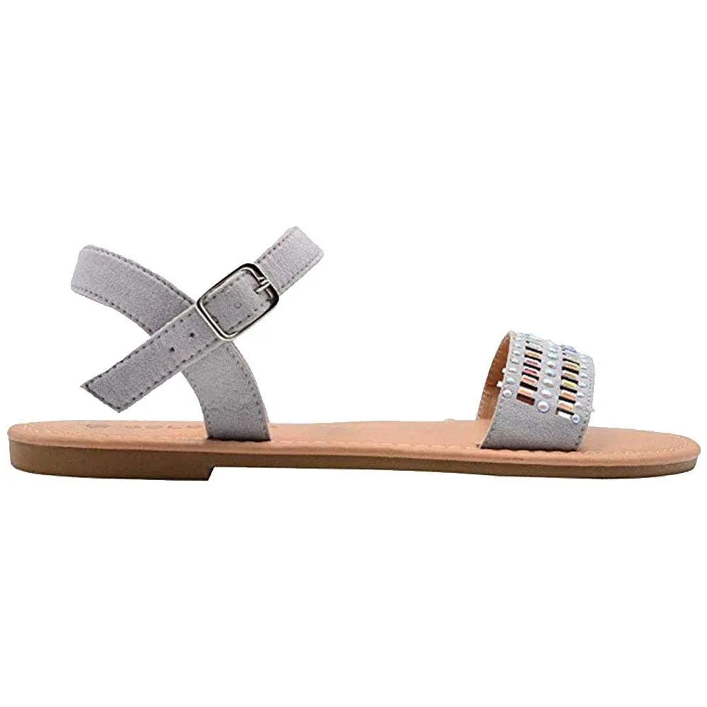 Gold Toe Ladies Fashion Sandals Microsuede Cutout Flats with Pearl and Stone