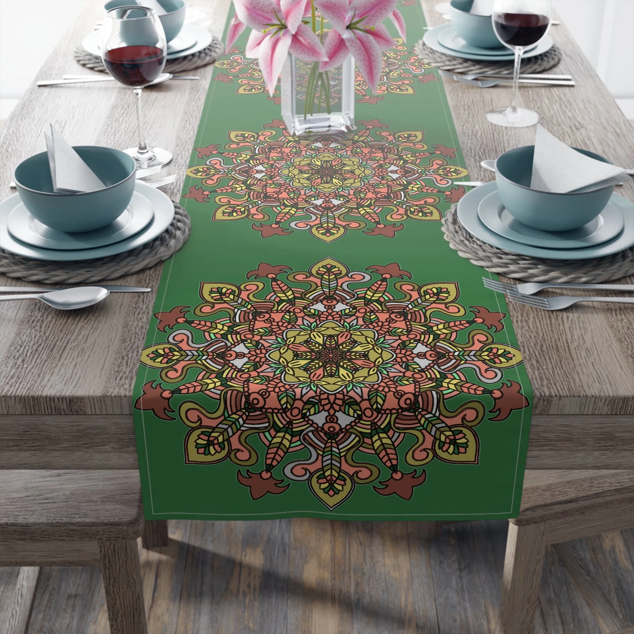 Hand Drawn Mandala Art Christmas Table Runner - Green