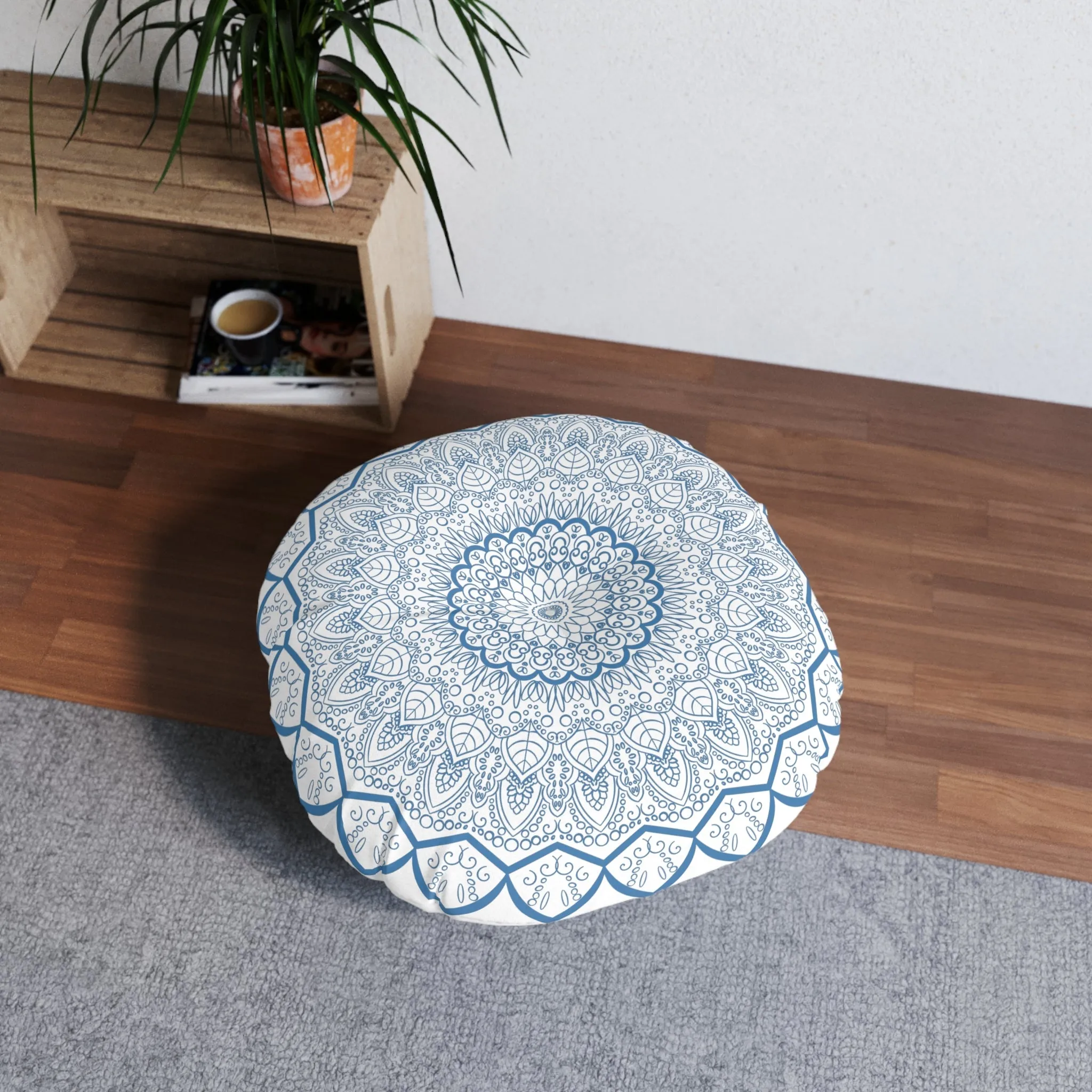 Handmade Mandala Art Steel Blue Tufted Floor Pillow