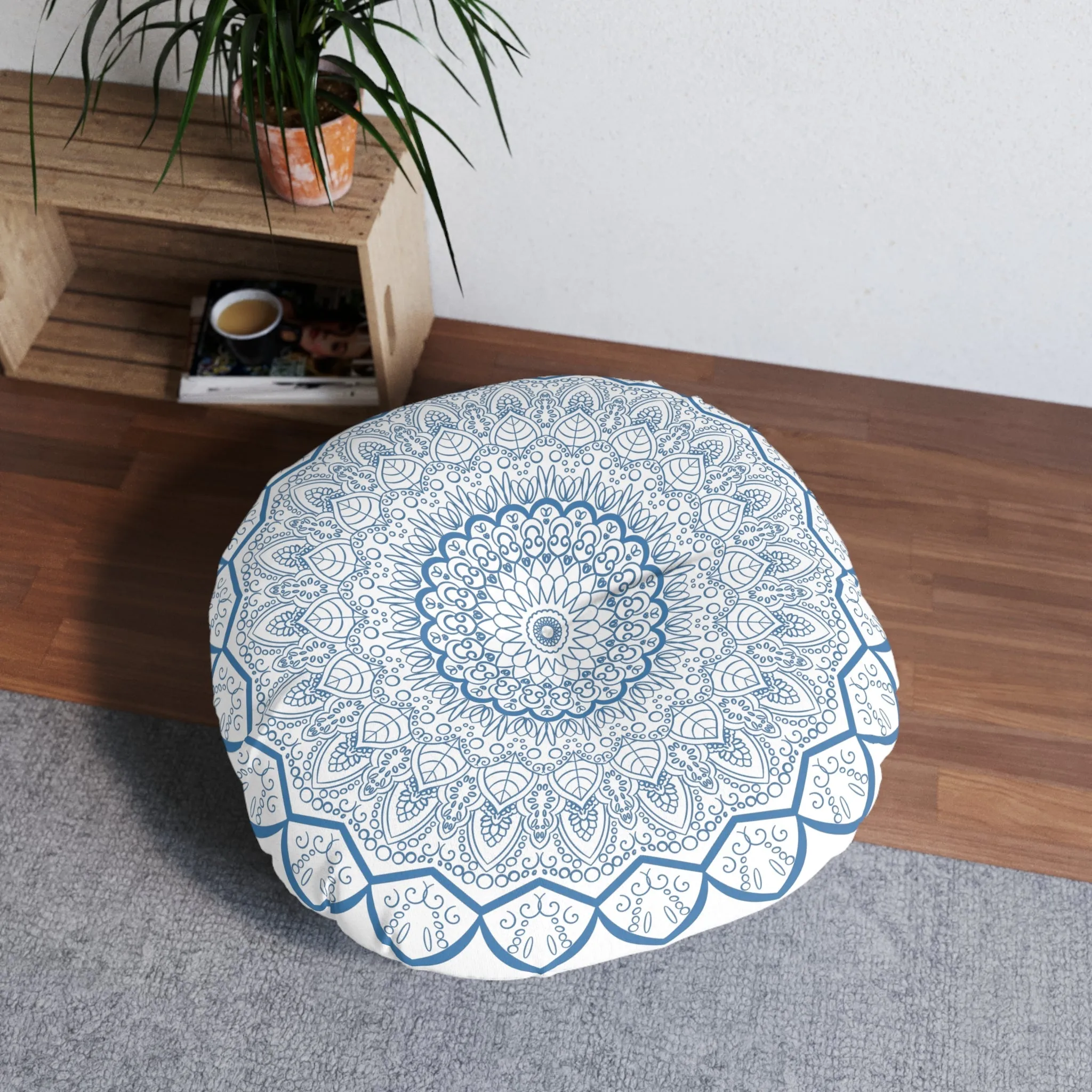Handmade Mandala Art Steel Blue Tufted Floor Pillow