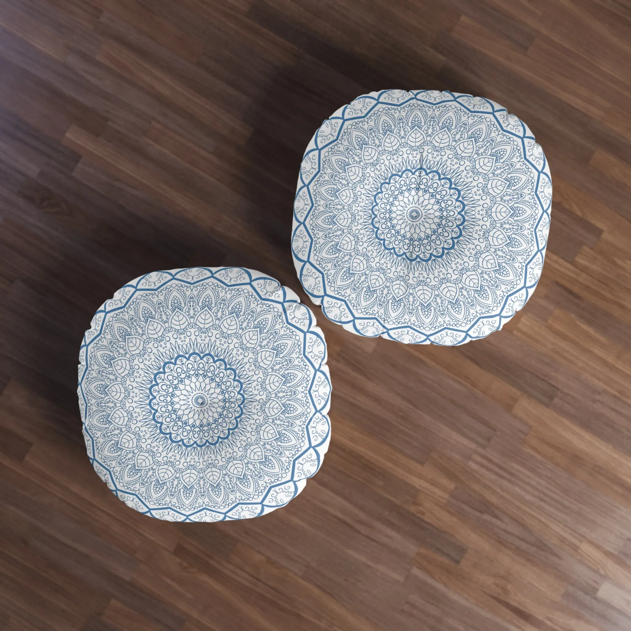 Handmade Mandala Art Steel Blue Tufted Floor Pillow