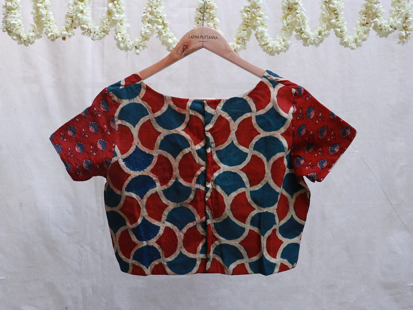Jam Red, cotton Ajrakh, sequence embroidery blouse