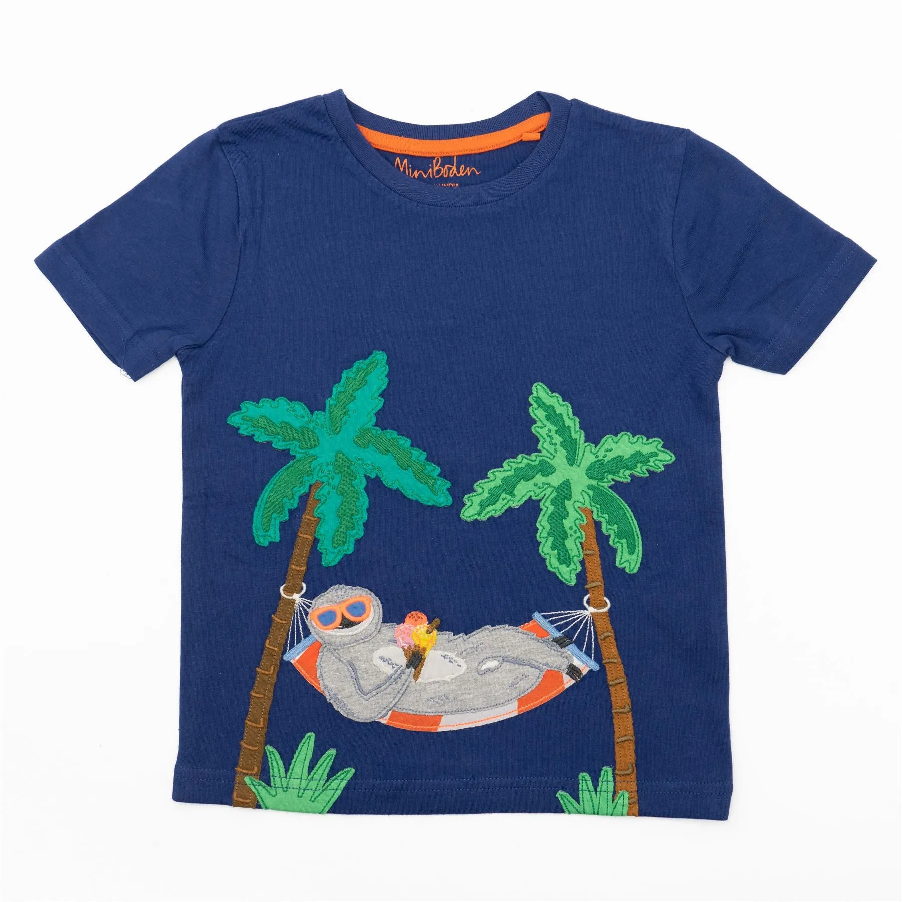 Mini Boden Boys Relaxing Sloth Holiday Navy Blue Short Sleeve Tops