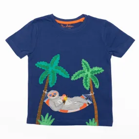 Mini Boden Boys Relaxing Sloth Holiday Navy Blue Short Sleeve Tops
