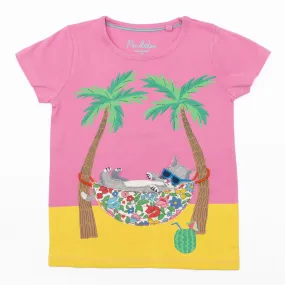 Mini Boden Girls Pink Holiday Print T-Shirt Short Sleeve Tops