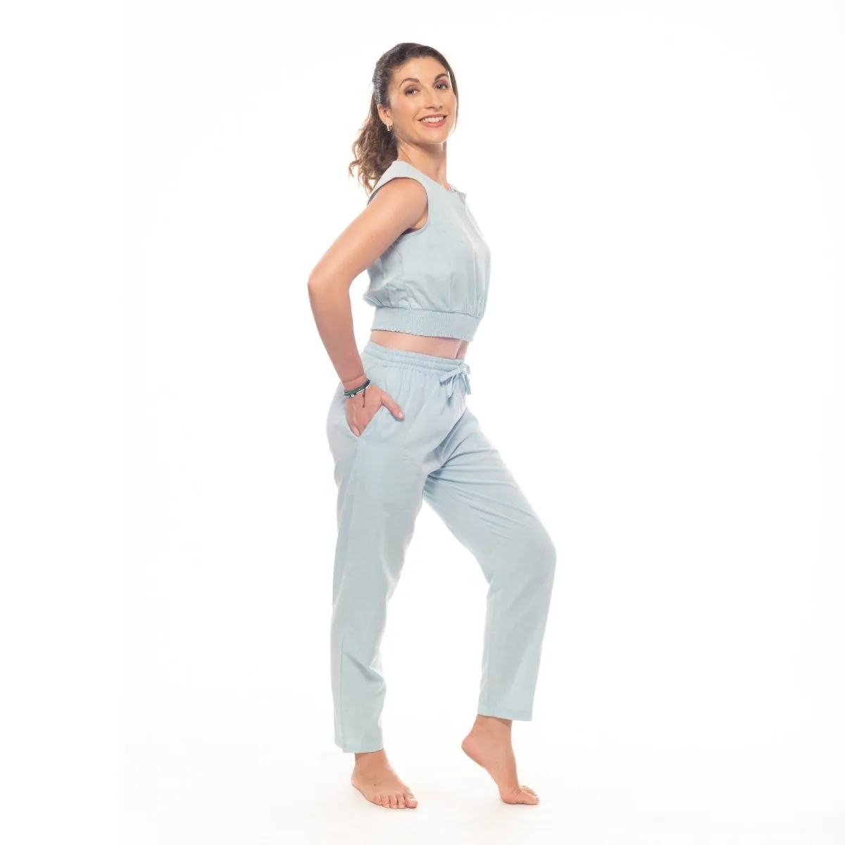 Sky-Blue Handwoven Cotton Sleeveless Smocked Crop Top | Cotton Crop Top for Women