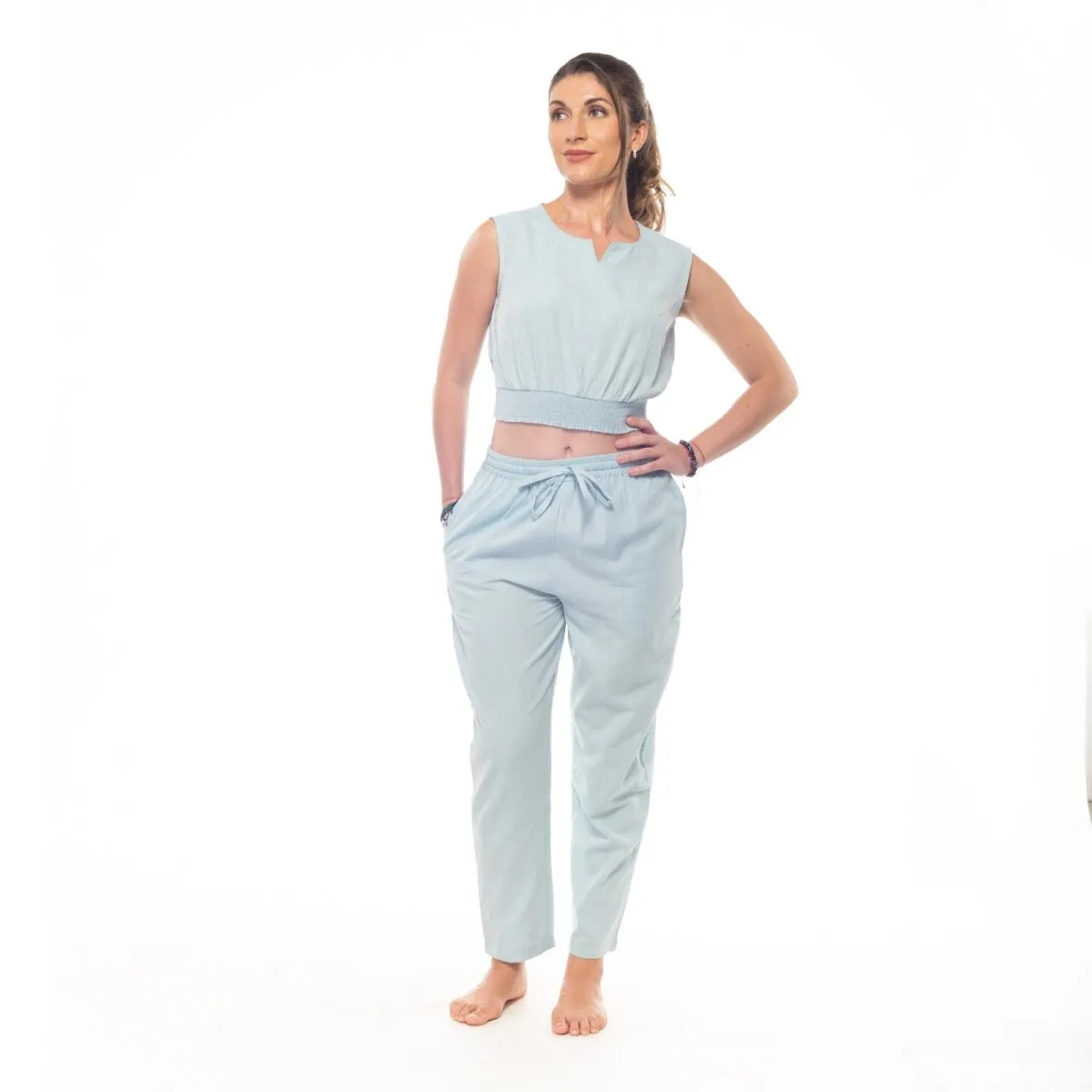 Sky-Blue Handwoven Cotton Sleeveless Smocked Crop Top | Cotton Crop Top for Women