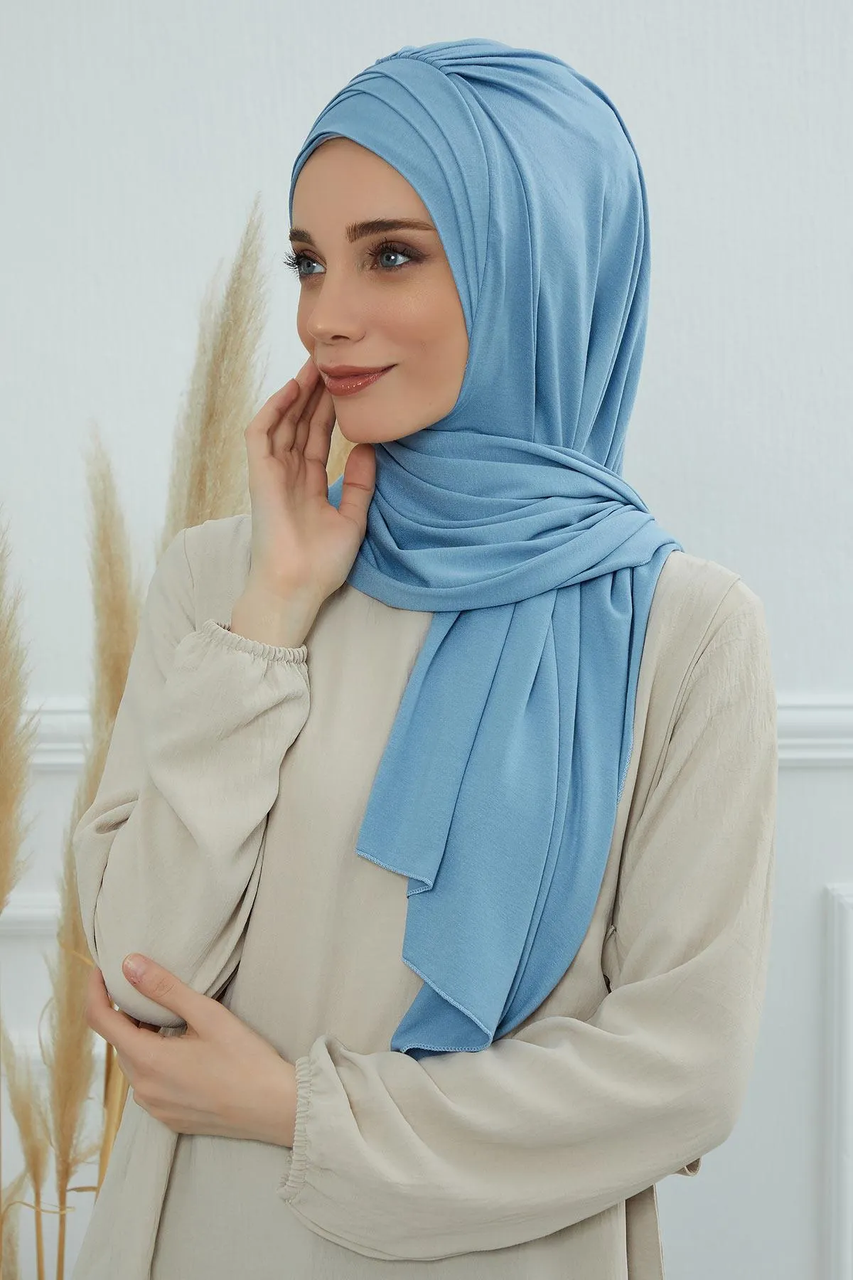 Soft Jersey Hijab Shawl for Women, 95% Cotton and Comfortable Ready to Wear Women Headscarf, Cross Stich Instant Pre-tied Hijab Shawl,PS-41