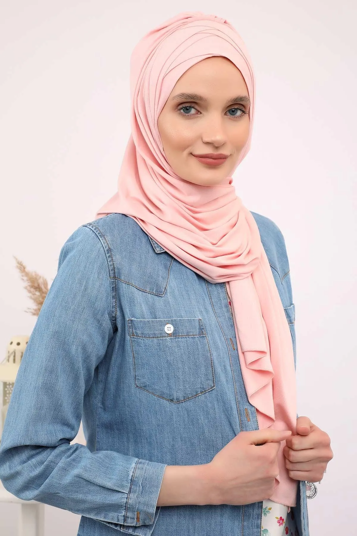 Soft Jersey Hijab Shawl for Women, 95% Cotton and Comfortable Ready to Wear Women Headscarf, Cross Stich Instant Pre-tied Hijab Shawl,PS-41