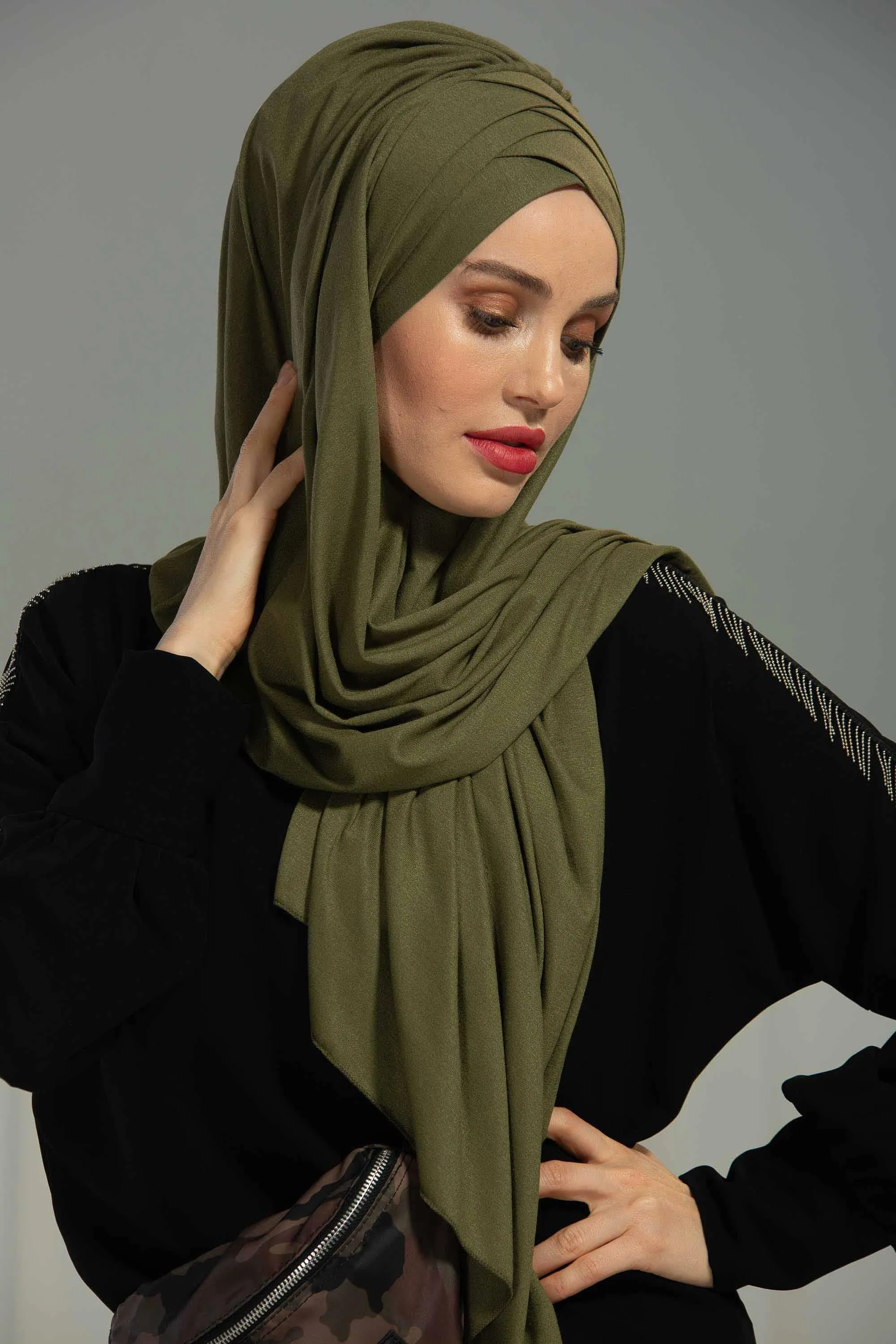 Soft Jersey Hijab Shawl for Women, 95% Cotton and Comfortable Ready to Wear Women Headscarf, Cross Stich Instant Pre-tied Hijab Shawl,PS-41