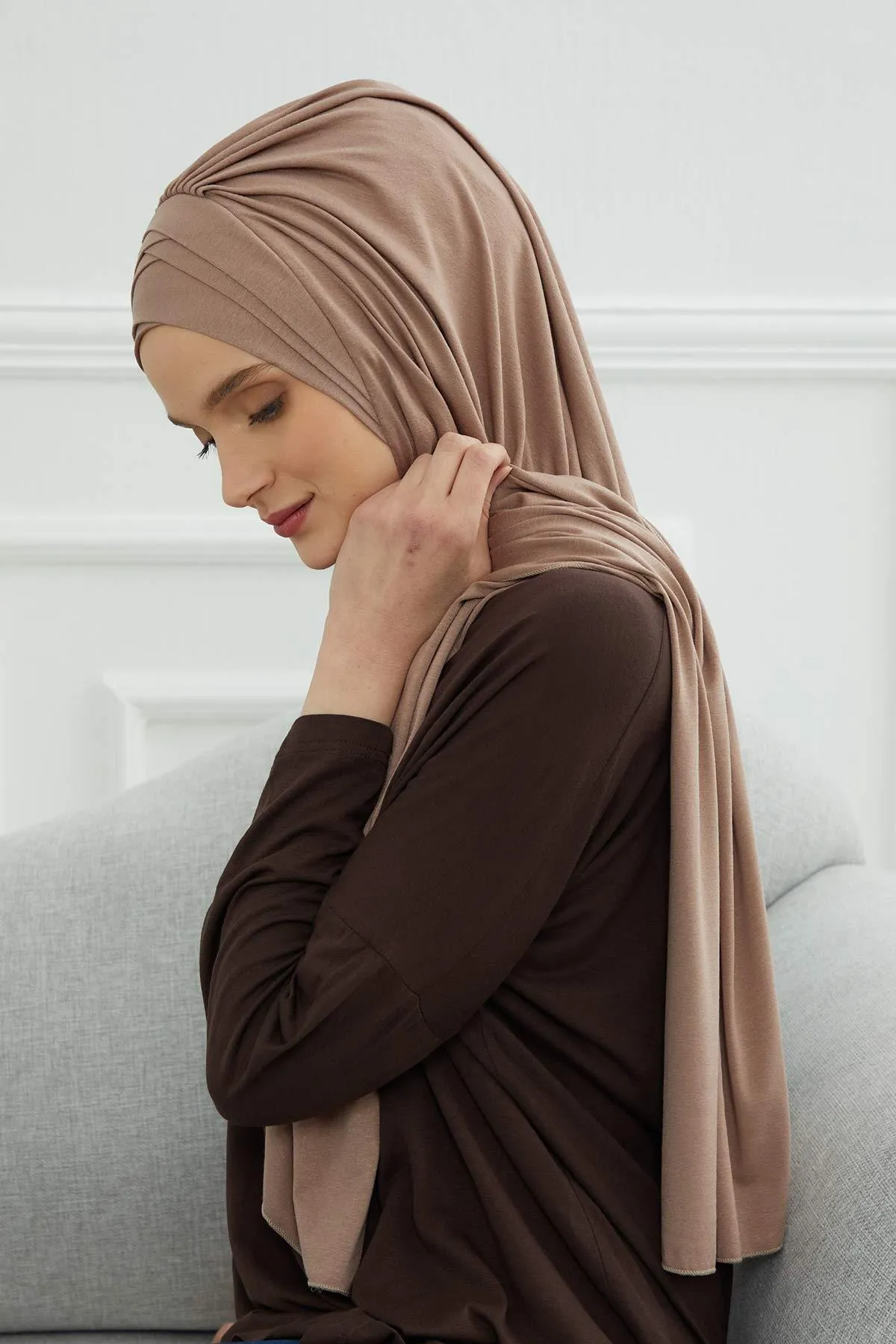 Soft Jersey Hijab Shawl for Women, 95% Cotton and Comfortable Ready to Wear Women Headscarf, Cross Stich Instant Pre-tied Hijab Shawl,PS-41