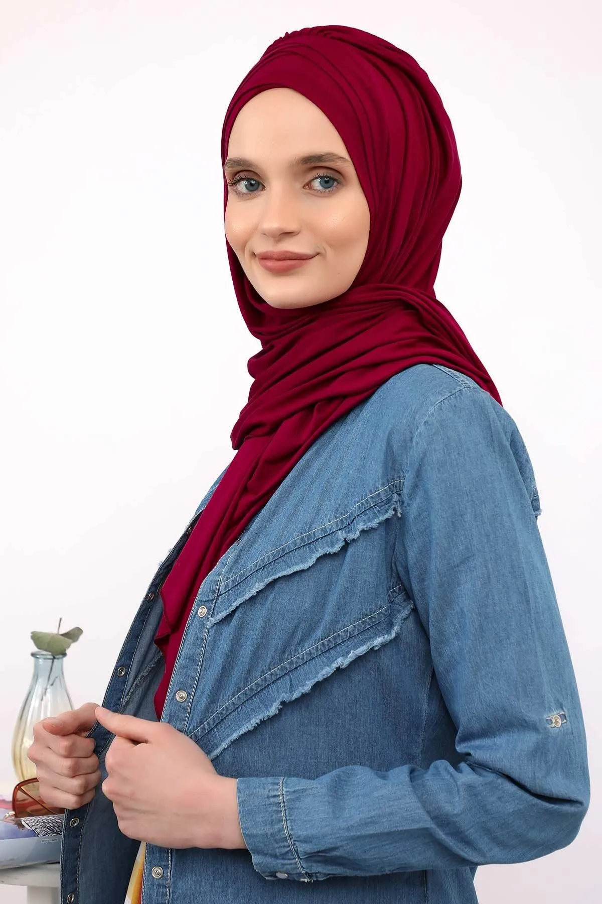 Soft Jersey Hijab Shawl for Women, 95% Cotton and Comfortable Ready to Wear Women Headscarf, Cross Stich Instant Pre-tied Hijab Shawl,PS-41