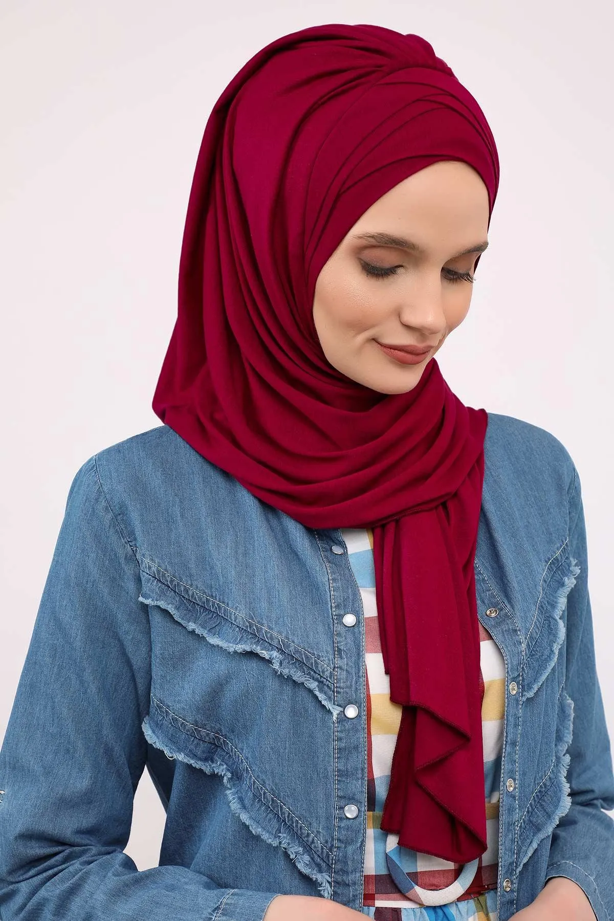 Soft Jersey Hijab Shawl for Women, 95% Cotton and Comfortable Ready to Wear Women Headscarf, Cross Stich Instant Pre-tied Hijab Shawl,PS-41