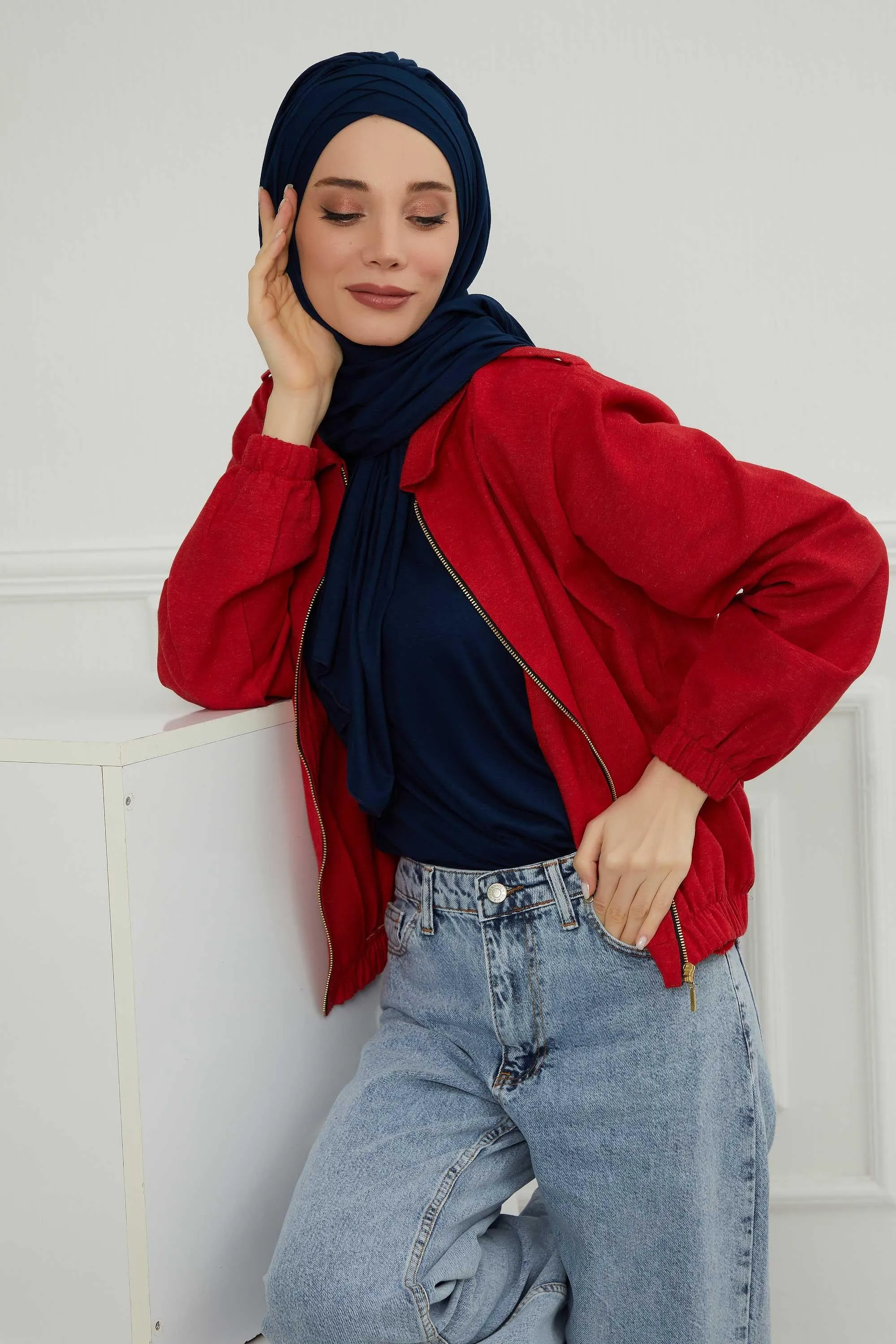 Soft Jersey Hijab Shawl for Women, 95% Cotton and Comfortable Ready to Wear Women Headscarf, Cross Stich Instant Pre-tied Hijab Shawl,PS-41