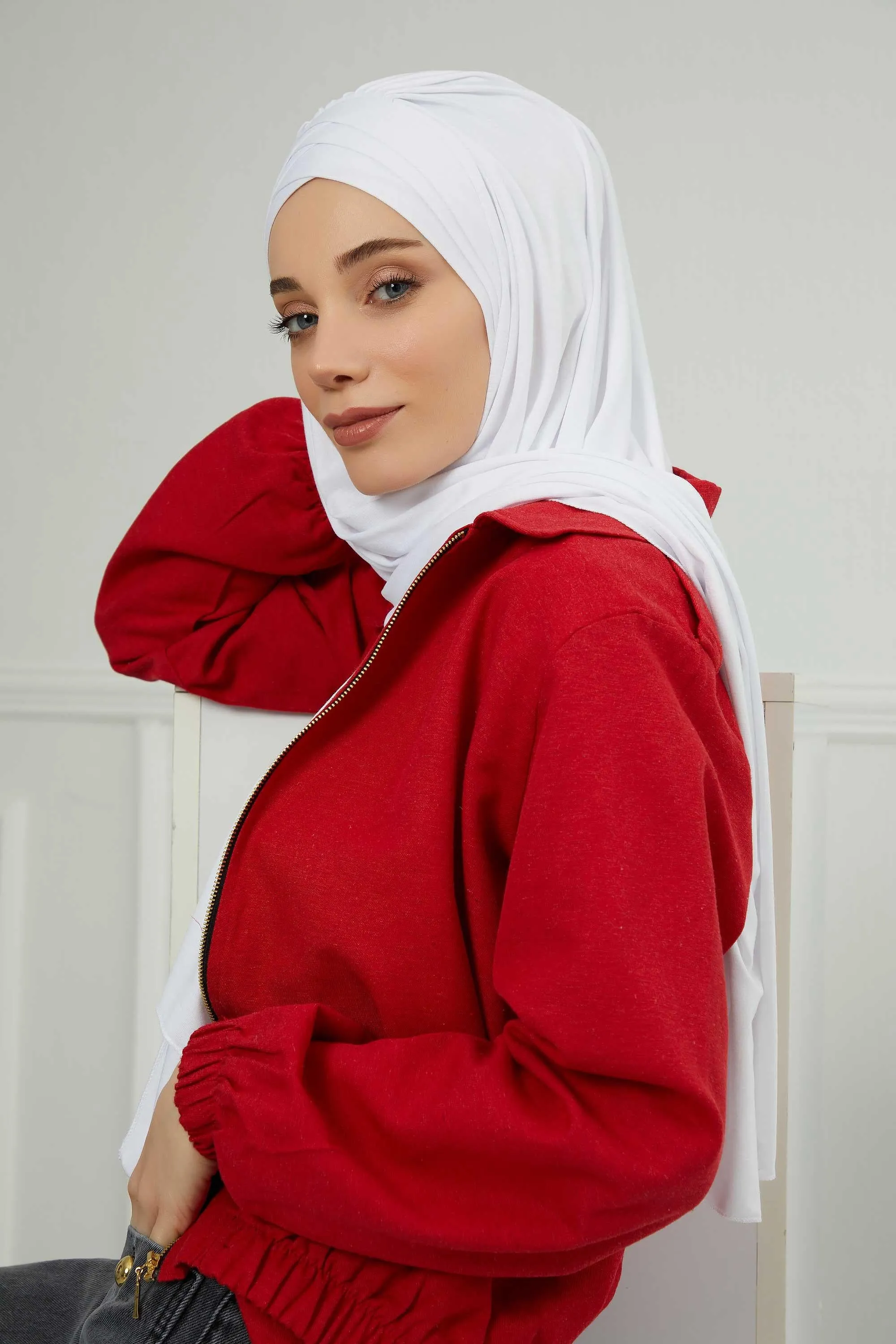 Soft Jersey Hijab Shawl for Women, 95% Cotton and Comfortable Ready to Wear Women Headscarf, Cross Stich Instant Pre-tied Hijab Shawl,PS-41